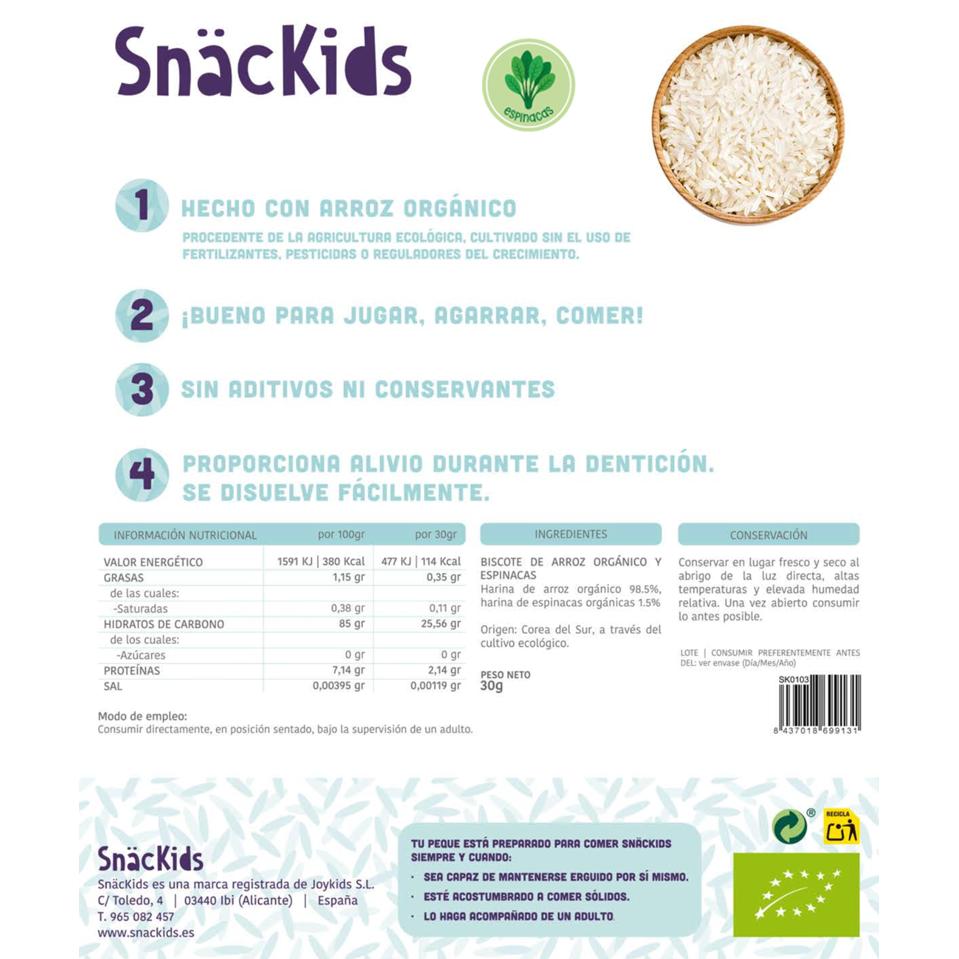 Lanche biológico para bebé +6 meses: Bolachas de arroz e espinafres
