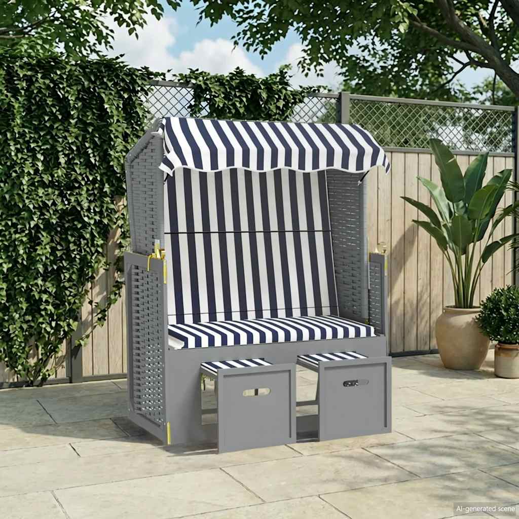 Silla Playa Strandkorb Con Dosel Ratán Pe Y Madera Azul Blanco_1