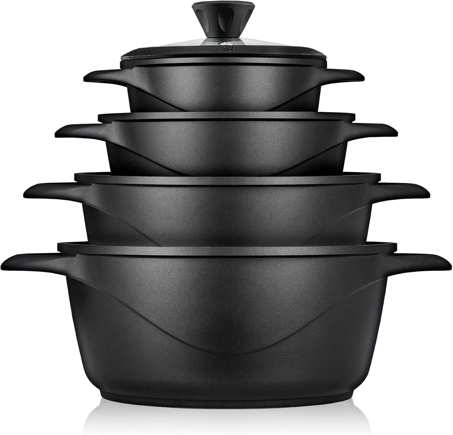 Briebe Batería De Cocina Inducción 8 Piezas Aluminio Fundido 4 Ollas Con Tapa De Cristal Antiadherente, Mgk12s, Negro_0