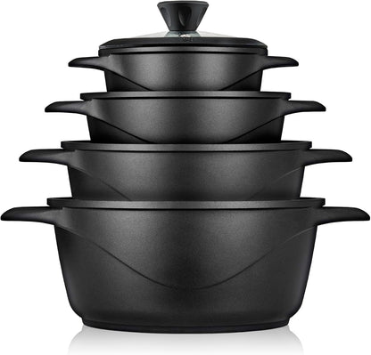 Briebe Batería De Cocina Inducción 8 Piezas Aluminio Fundido 4 Ollas Con Tapa De Cristal Antiadherente, Mgk12s, Negro_0