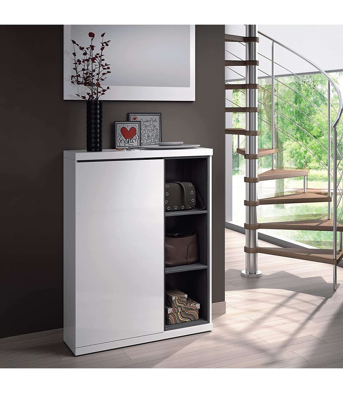 Recibidor Zapatero 1 Puerta Con Espejo Albox Acabado Blanco Brillo/gris 79 Cm(ancho) 108 Cm(altura) 25 Cm(fondo)_2