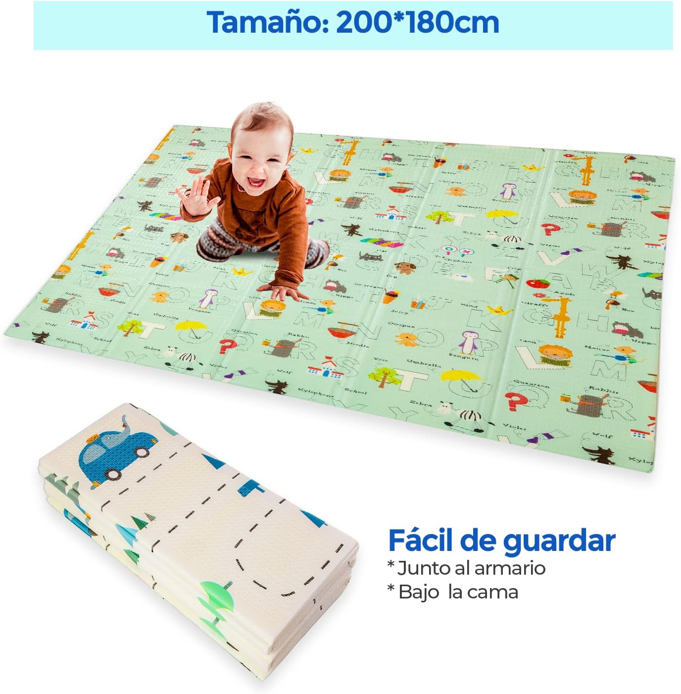 Alfombra Bebe, 1.5cm Grosor, Diseño Infantil, 200 X 180 Cm, Acolchada De Xpe, Reversible_3