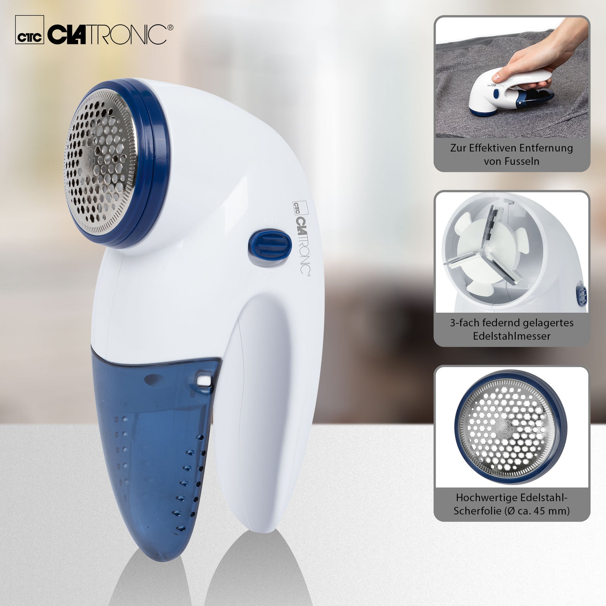 Quitapelusas Eléctrico, Elimina Pelotillas Ropa, Cuchillas Acero Inoxidable, Depósito Extraíble Clatronic Cla-tc3759 Blanco/azul_2