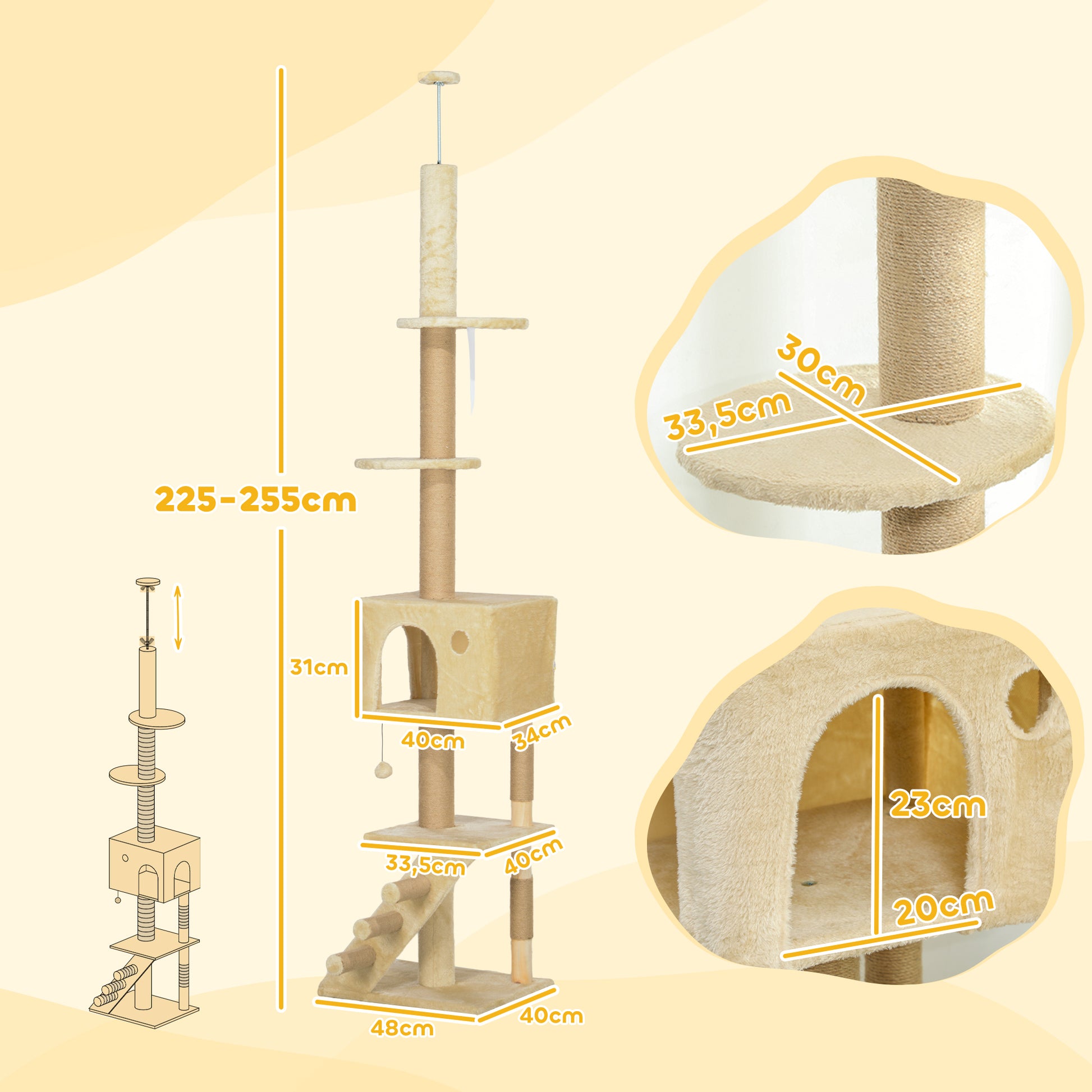 Pawhut Árbol Para Gatos De Suelo A Techo De 225-255 Cm Con Escalera Beige_2