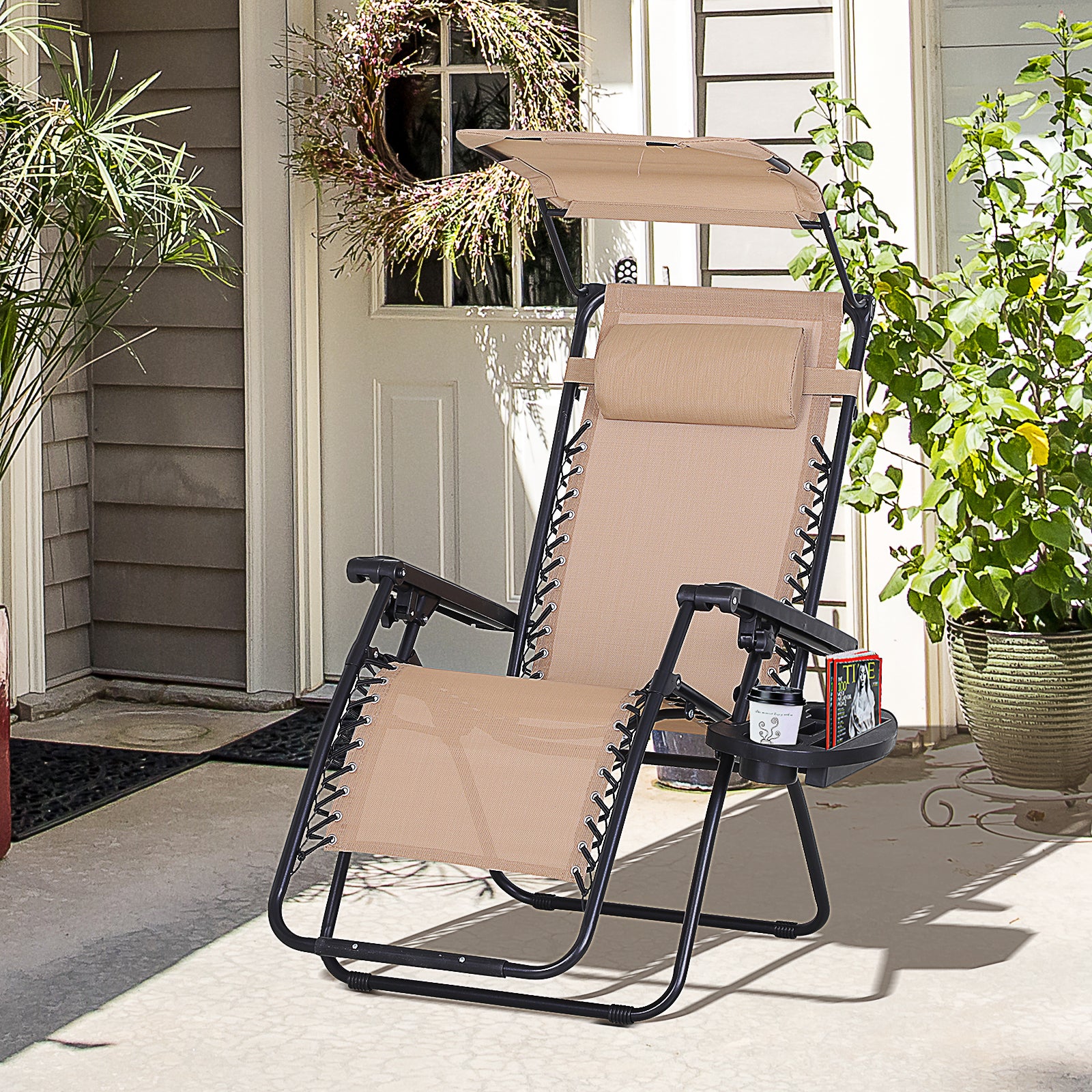Outsunny Tumbona De Gravedad Cero Con Toldo Plegable Bandeja Portavasos_1