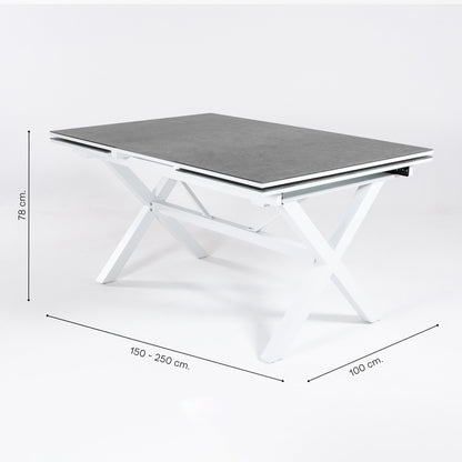 Conjunto De Mesas Y Sillas Apilables Para Terraza, Mesa Extensible 150 A 250 Cm, Aluminio Y Cristal, Color Blanco_4