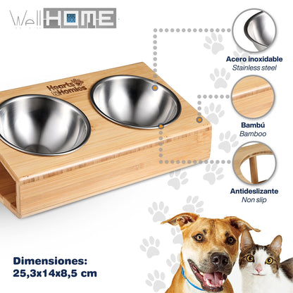 Cama Para Mascota 65x50x20cm Gris + Comedero Doble De Acero En Bambú_5