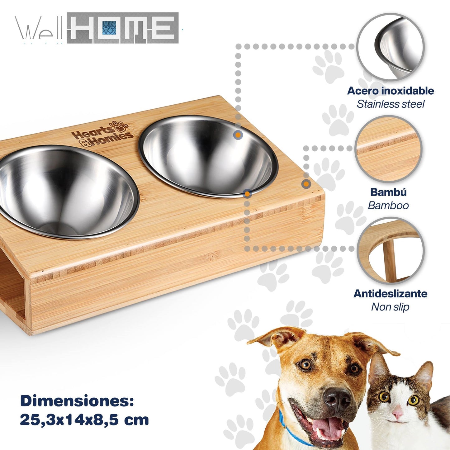 Cama Para Mascota 65x50x20cm Marrón + Comedero Doble De Acero En Bambú_5