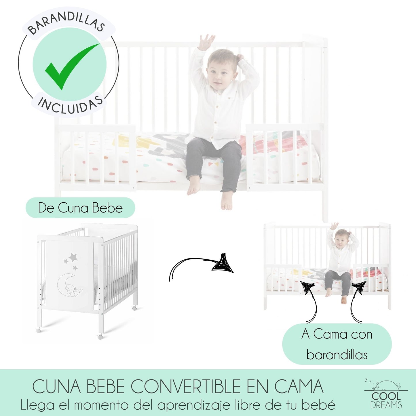 Cuna Convertible Indi Estilo Nórdico, Madera De Haya, Con Barandillas, Colchón Morfeo Y Funda De Colchón Impermeable_1
