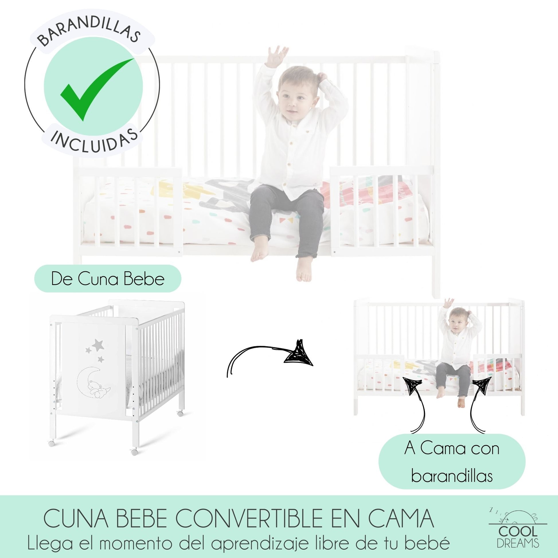 Cuna Convertible Indi Estilo Nórdico, Madera De Haya, Con Barandillas, Colchón Morfeo Y Funda De Colchón Impermeable_1