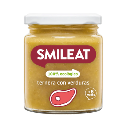 Embalagem de 12 frascos Smileat de carne e vegetais biológicos +6 meses 230g