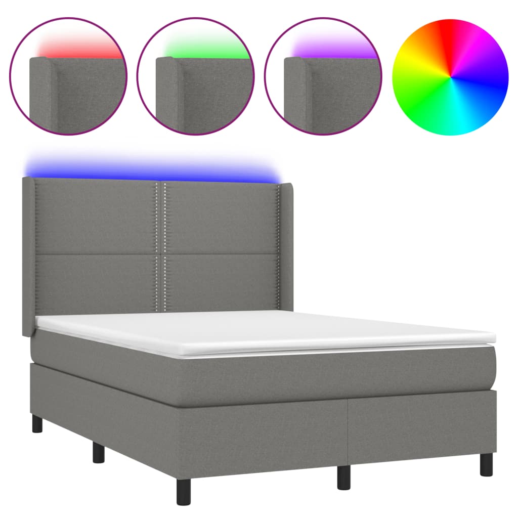 Cama Box Spring Colchón Y Luces Led Tela Gris Oscuro 140x200 Cm / Vetonek_0