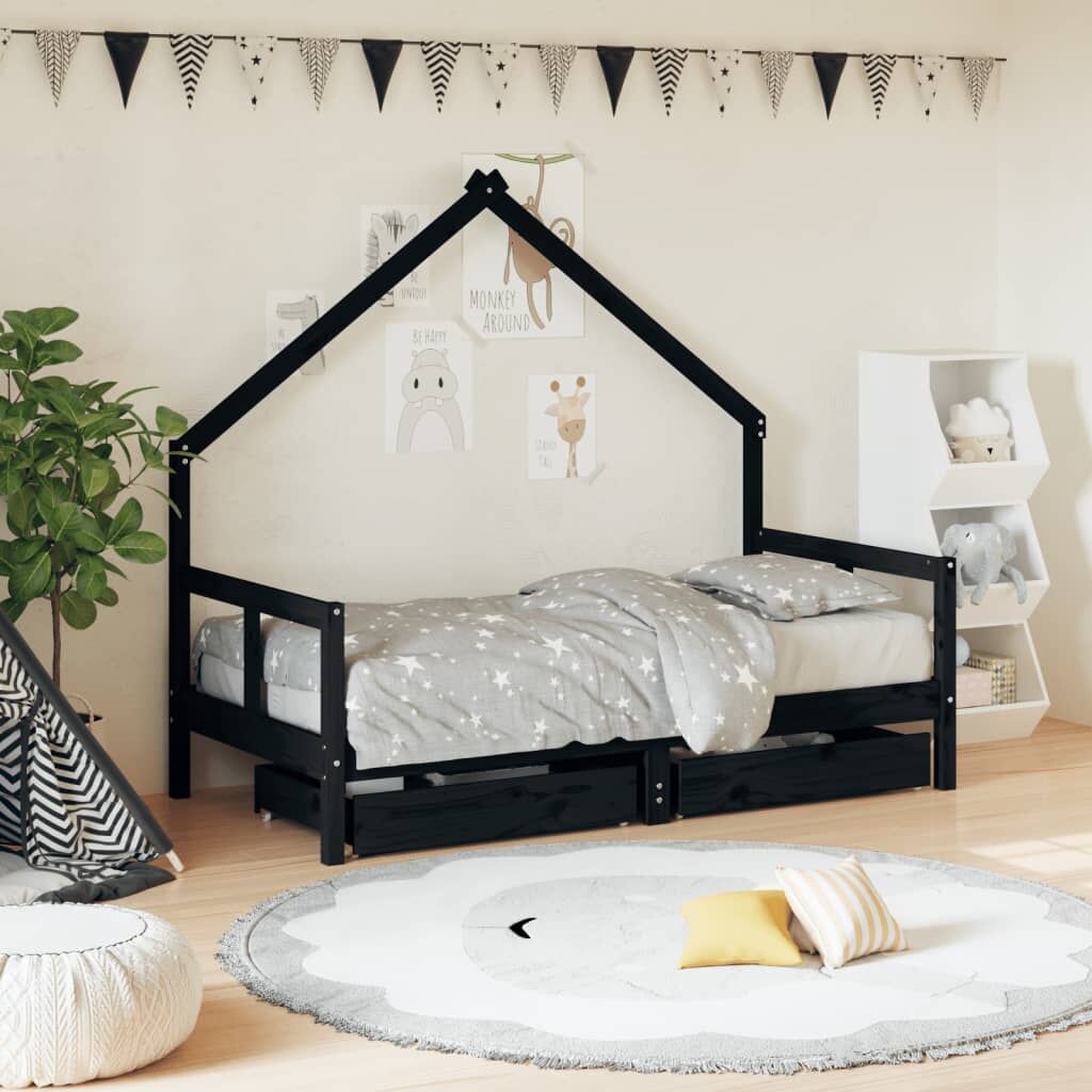 Vidaxl Estructura Cama Infantil Y Cajones Madera Pino Negro 80x160 Cm_1