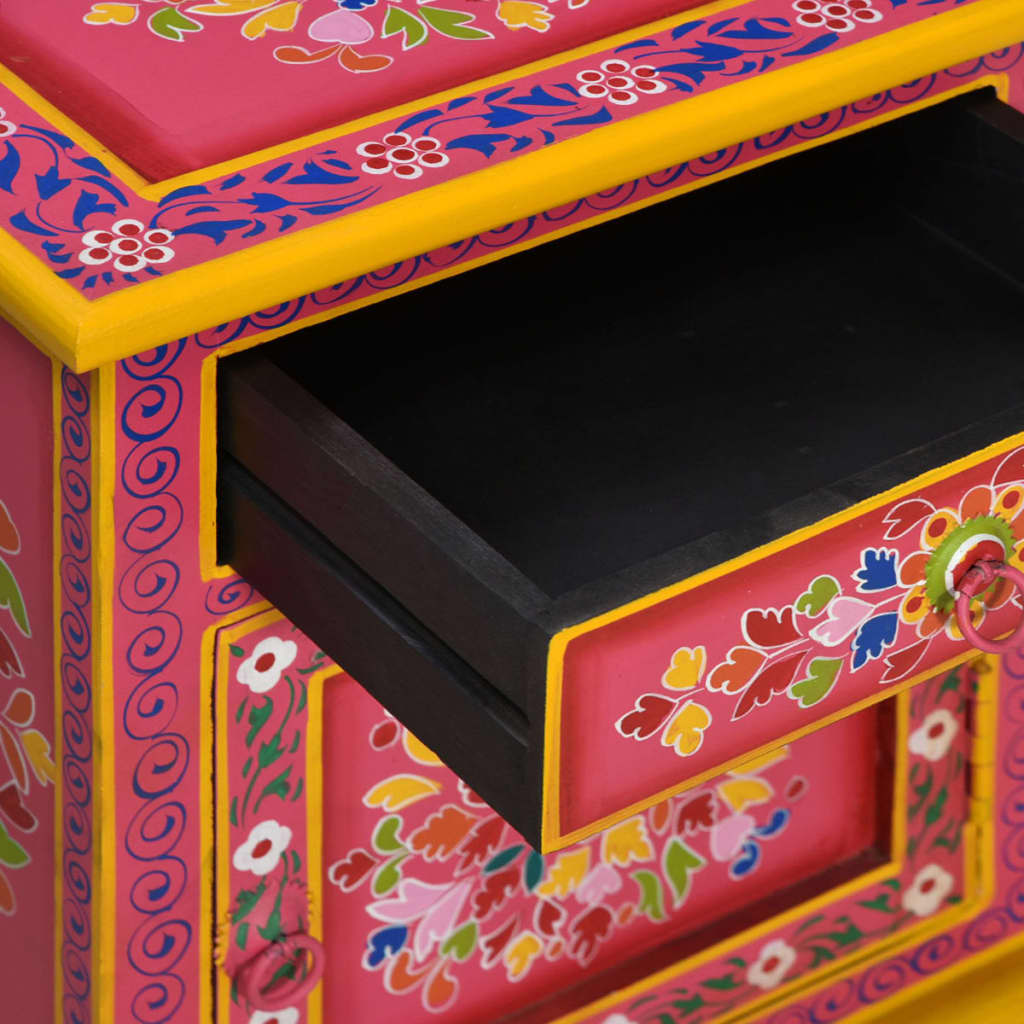 Mesita De Noche De Madera Maciza De Mango Rosa Pintada A Mano_2