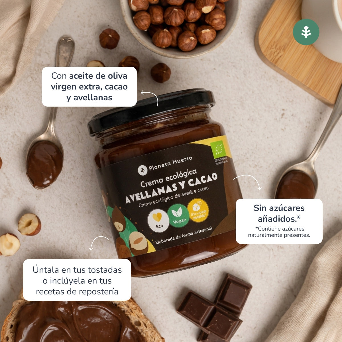Embalagem de 2 Creme de avelã e cacau sem adição de açúcares ECO Planeta Huerto 230 g