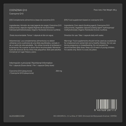 Etiquetado Coenzima Q10 200 mg 125 Cápsulas Aldous Bio