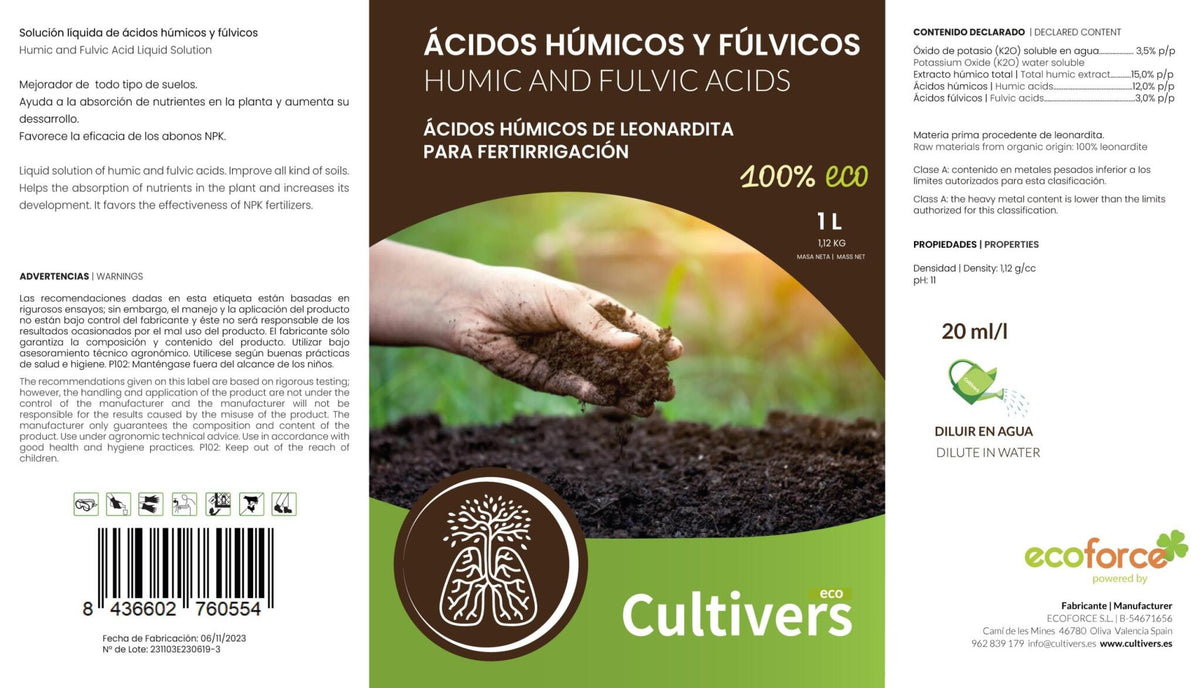Cultivers Abono De Ácidos Húmicos Y Fúlvicos 10l. Fertilizante De Leonardita. Potencia La Fertilidad Del Suelo…_2