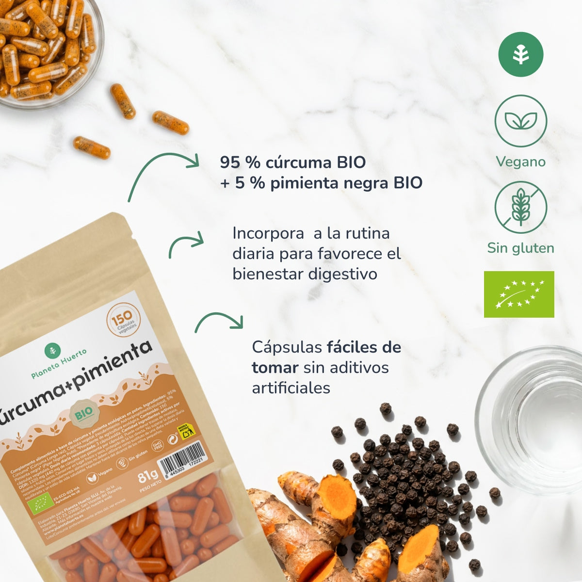 Cúrcuma + Pimenta BIO Planeta Huerto 150 cápsulas