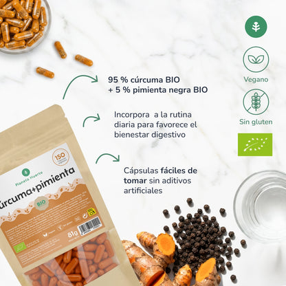 Cúrcuma + Pimenta BIO Planeta Huerto 150 cápsulas