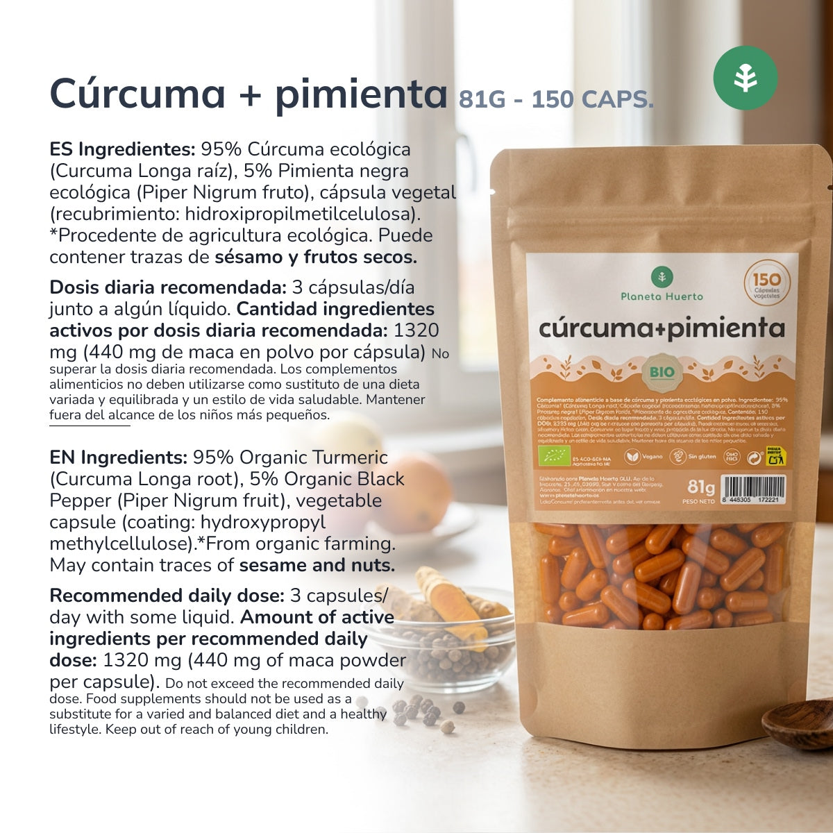 Cúrcuma + Pimenta BIO Planeta Huerto 150 cápsulas