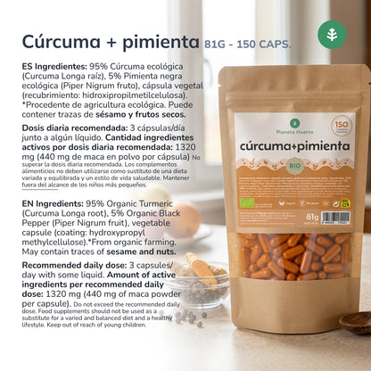 Cúrcuma + Pimenta BIO Planeta Huerto 150 cápsulas