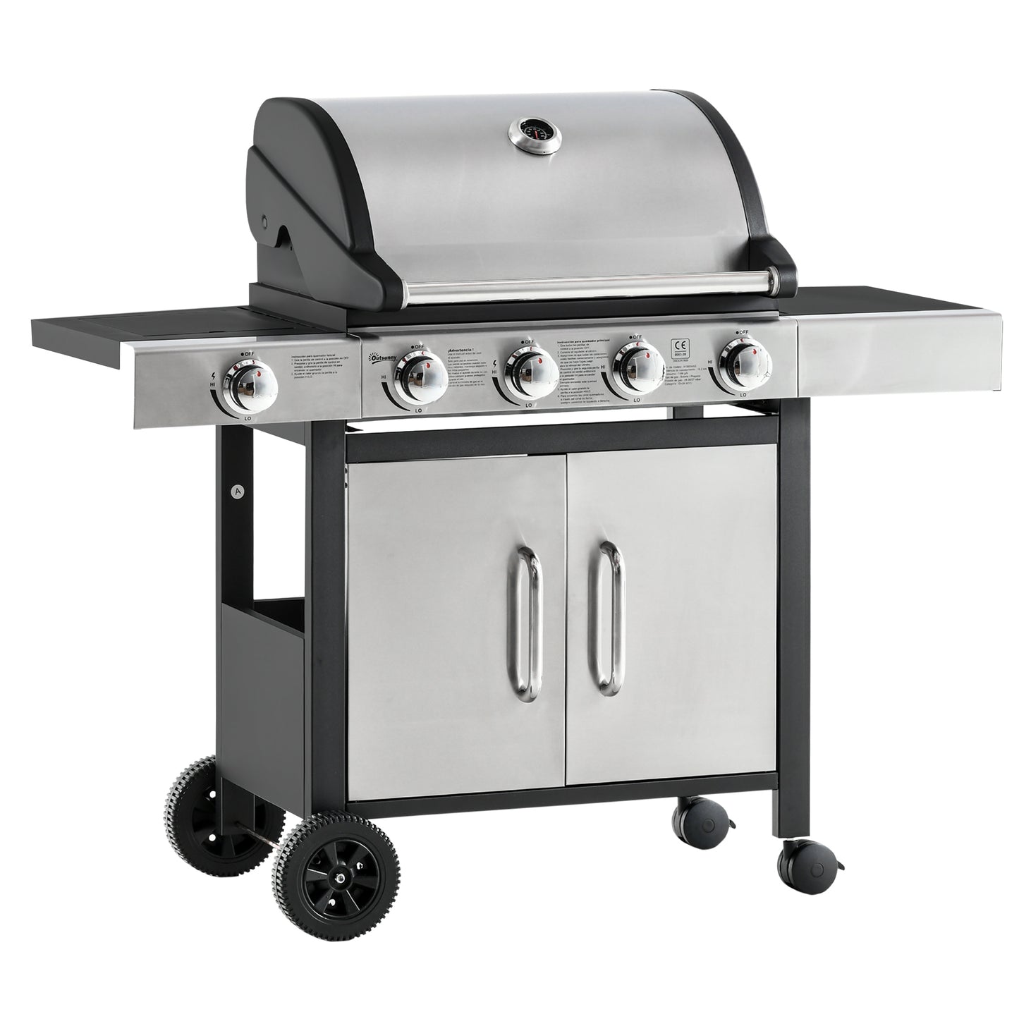 Outsunny Barbacoa De Gas Con Ruedas 5 Quemadores Armario Acero Inox. Bbq 3kw_0