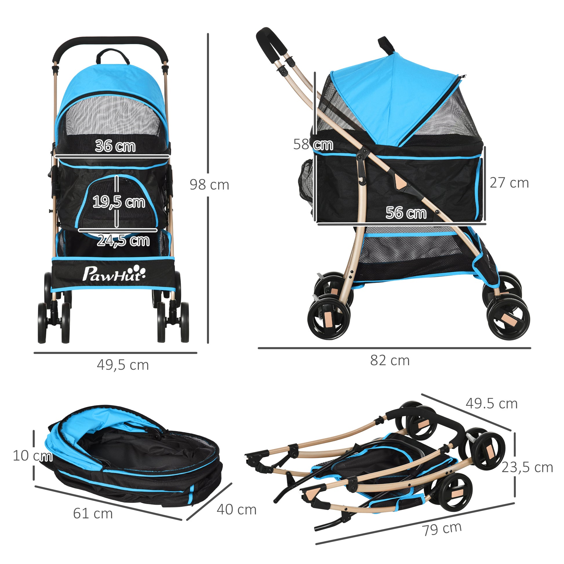 Pawhut Carrito Para Perros Plegable 3 En 1 Con Vagón Desmontable Azul_2