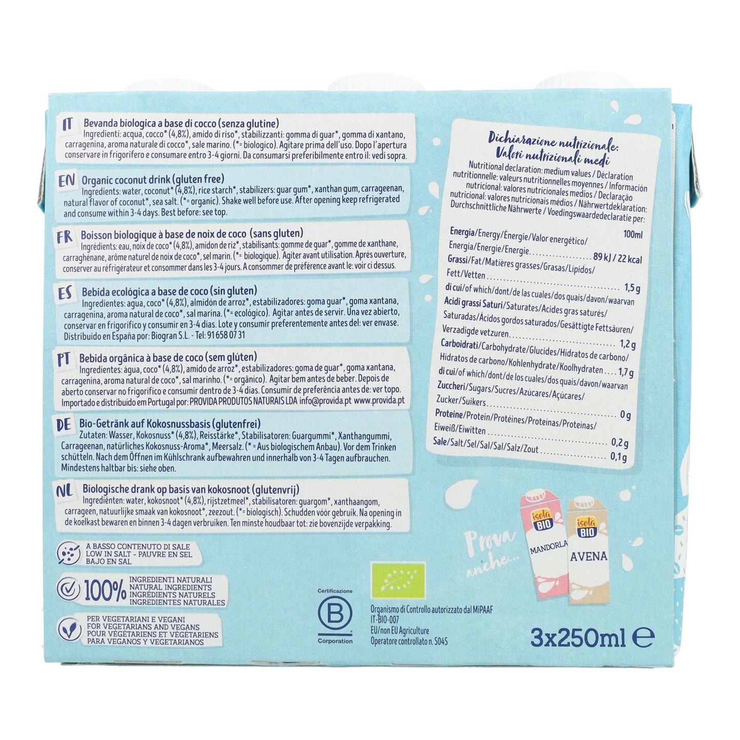 Embalagem de Bebidas Biológicas de Coco Isola Bio 250 ml x 3 unidades