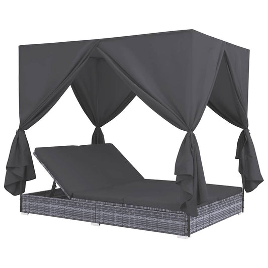 Vidaxl Tumbona Cama Con Cortinas De Ratán Sintético Gris_0