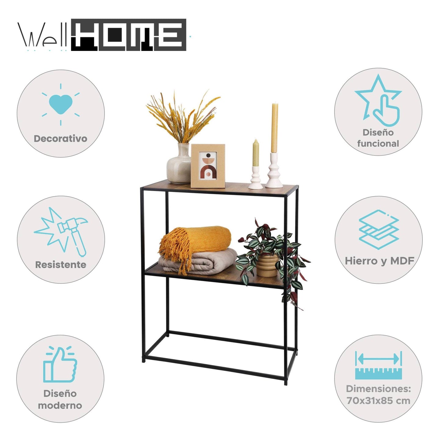 Well Home Mesa Auxiliar De Hierro Con Estantes De Mdf 70x31x85cm_1