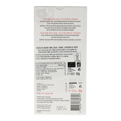 Tablete de Chocolate Negro 100% Caribenho da Carré Suisse Chocolates 80 g