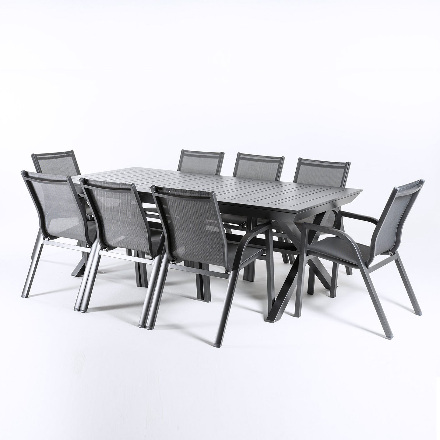 Conjunto Jardin, Mesa Extensible 215/295 Y 8 Sillones Apilables, Aluminio Antracita, Textilene Plata Y Negro, 8 Plazas_2