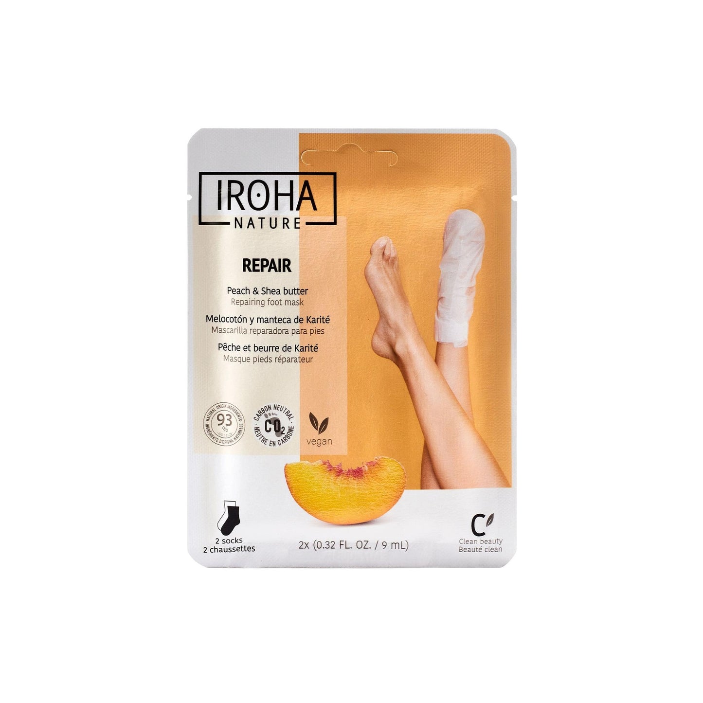 Máscara reparadora de pêssego e manteiga de karité Iroha Nature 2 meias de 9 ml