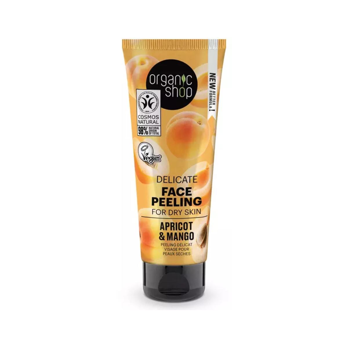 Peeling facial suave para pele seca, alperce e manga, Organic Shop 75 ml