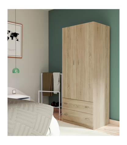 Armario Ropero 2 Puertas Abatibles Y 2 Cajones Turin Acabado Roble, 180 Cm(alto)74 Cm(anch_1