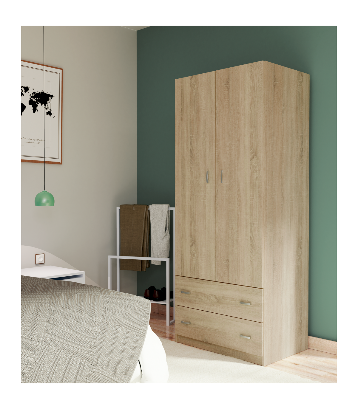 Armario Ropero 2 Puertas Abatibles Y 2 Cajones Turin Acabado Roble, 180 Cm(alto)74 Cm(anch_5