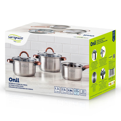 Bateria 5pc Acero Inoxidable Ø16ø18ø20, Aptas Para Inducción, Colección Onil