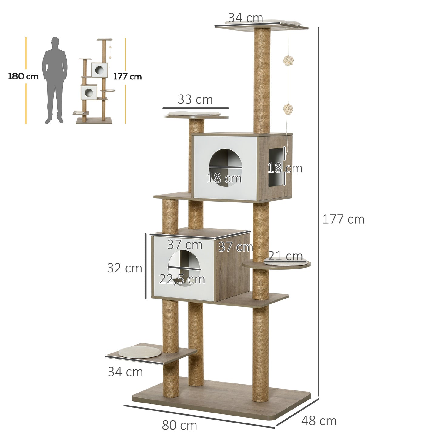Pawhut Árbol Rascador Para Gatos Altura 177cm Cueva Juguete Colgante Blanco Y_2