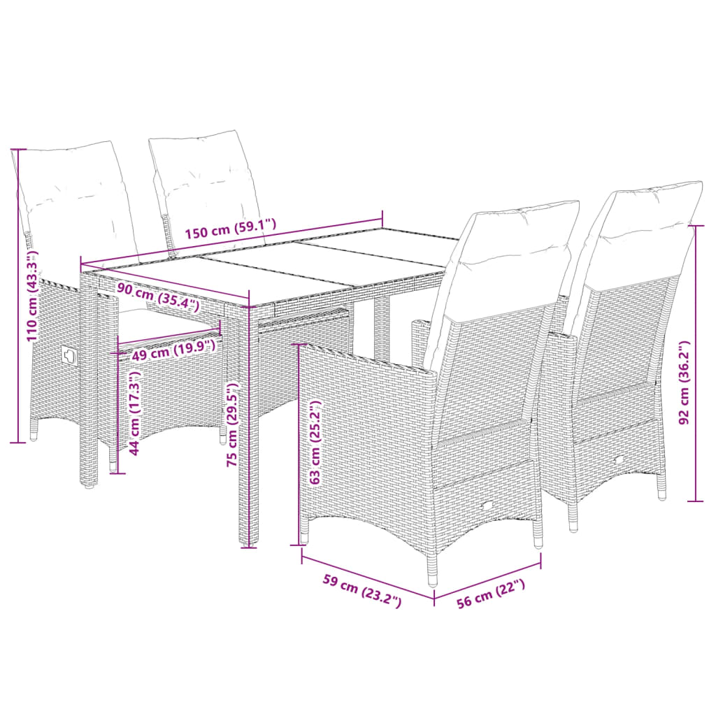 Set Comedor De Jardín 5 Piezas Con Cojines Ratán Sintético Gris / Vetonek_1