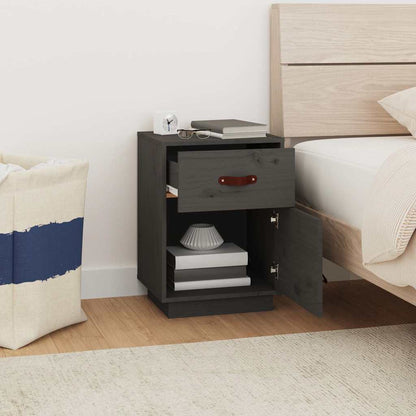 Mesita De Noche Madera Maciza De Pino Gris 40x34x55 Cm_1