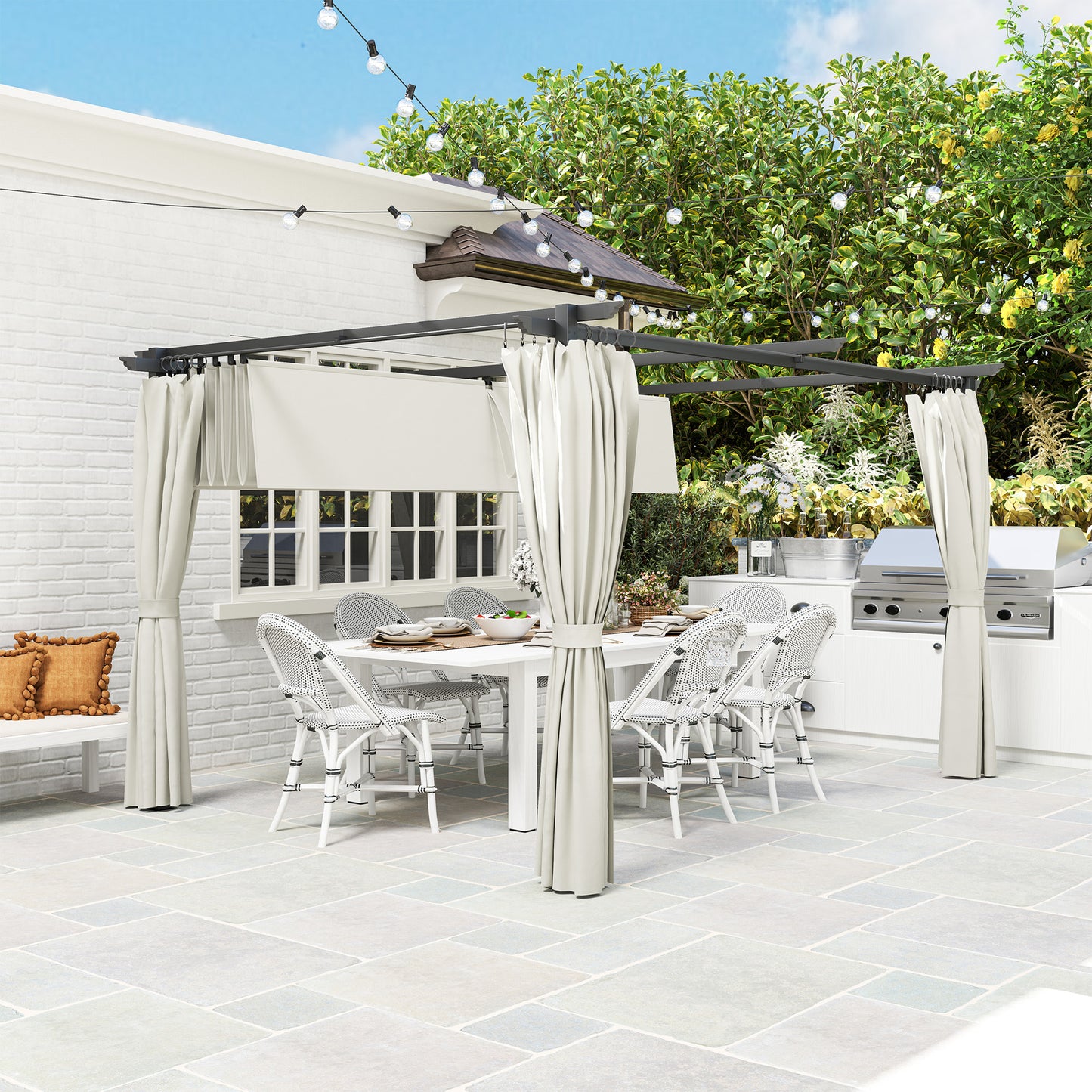Outsunny Pérgola Con Techo Retráctil 4x3 M Paredes Laterales Anti-uv Crema_3