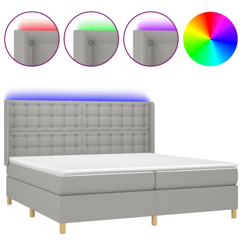 Cama Box Spring Con Colchón Tela Y Led Gris Claro 200x200 Cm / Vetonek_0