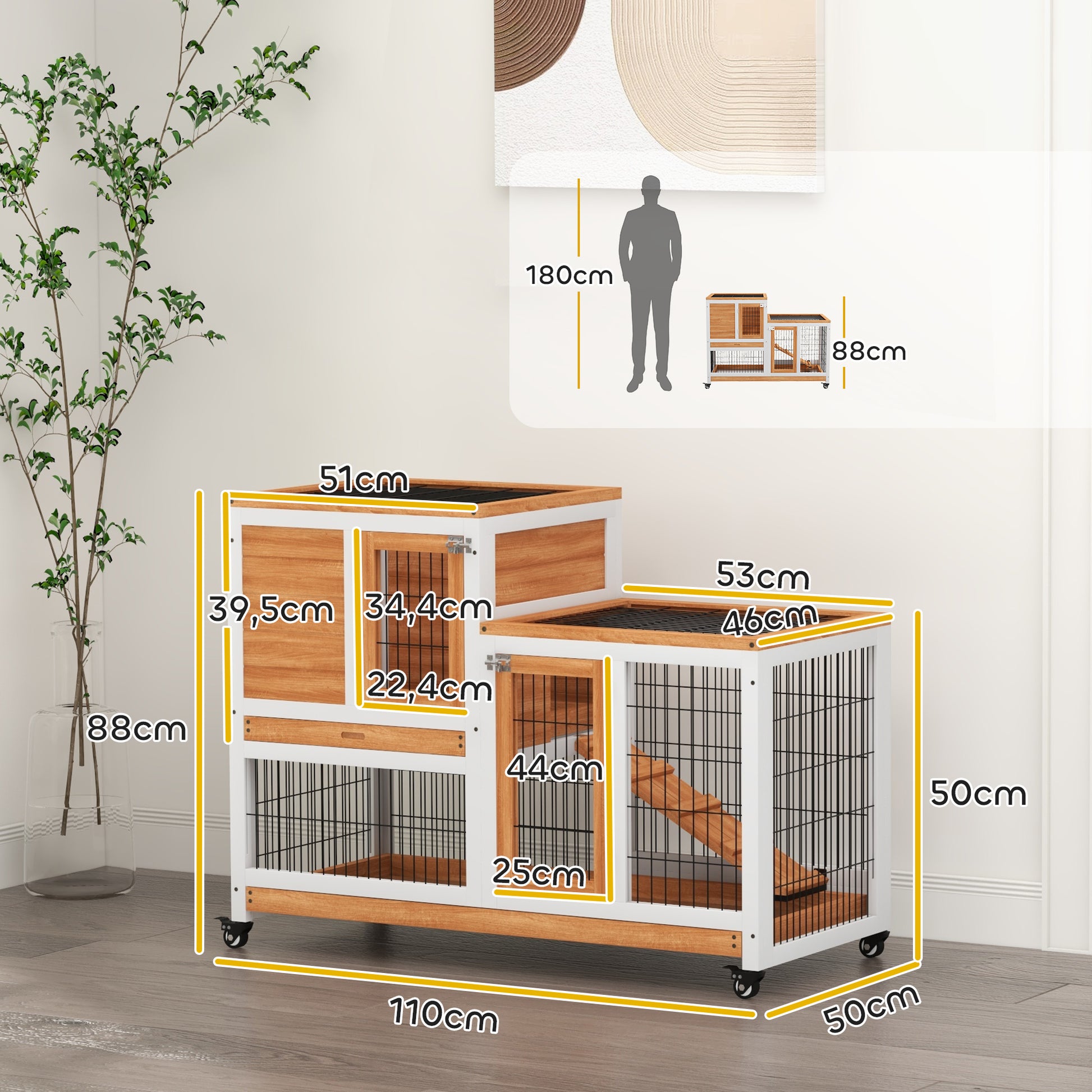 Pawhut Conejera De Madera De 2 Niveles Con Ruedas Y Bandejas Extraíbles Natural_2