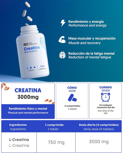 Creatina Monohidratada Rendimiento Deportivo Y Mental Nutribrain 400 Comprimidos_4