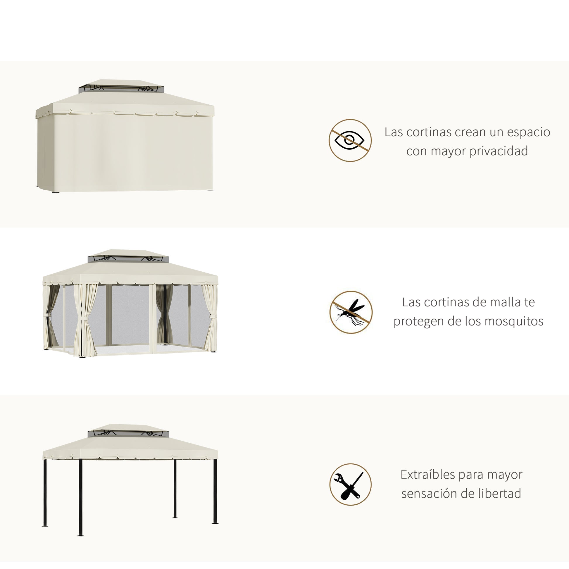 Outsunny Cenador De Jardín 4x3 M Con Doble Techo 4 Cortinas 4 Mosquiteras Crema_5