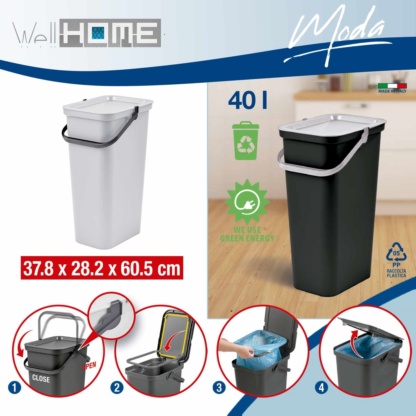 Set De 3 Papeleras moda Con Asa Grafito, Salvia Y Blanco De 40l