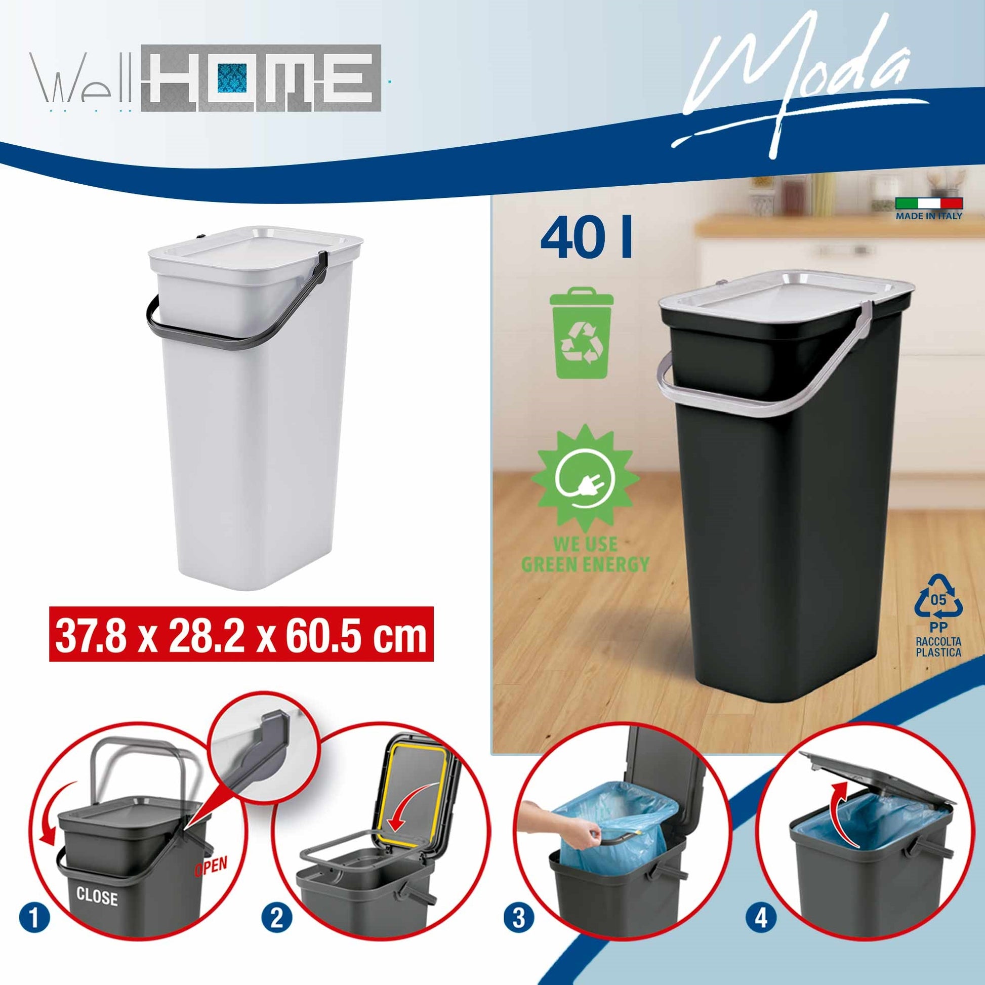 Set De 3 Papeleras moda Con Asa Grafito, Salvia Y Blanco De 40l