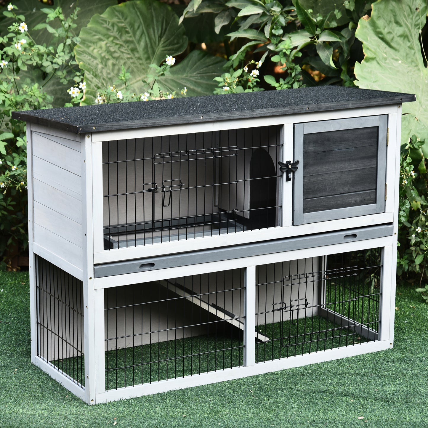 Pawhut Conejera De Madera Exterior Para Conejos Con Rampa 2 Puertas Y Bandeja_1