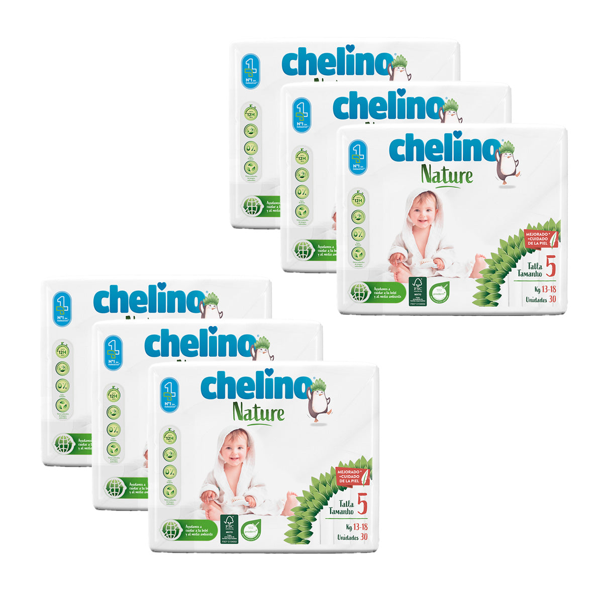 Pack 6x Pañales T5 13-18 kg Chelino Nature 30 Uds