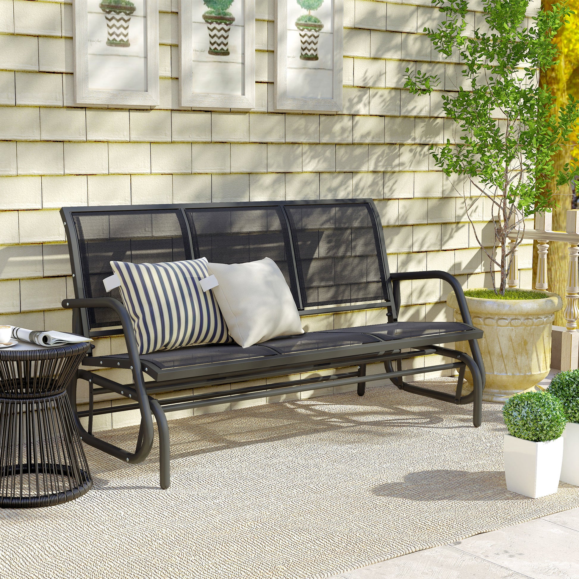Outsunny Banco De Jardín Exterior De 3 Plazas Con Reposabrazos 147x70x85cm Negro_4